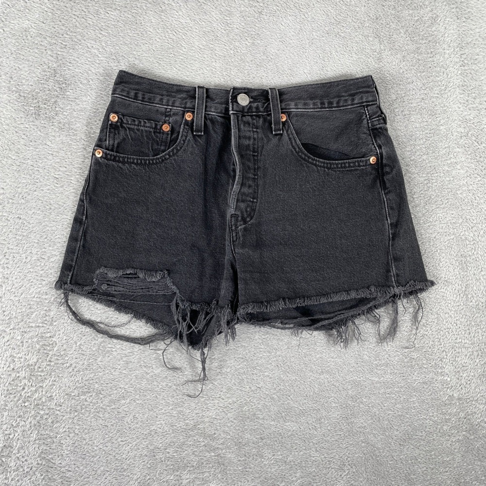 Levis 501 Denim Shorts Womens 26 Black Distressed Cutoff Raw Hem‎ Y2K